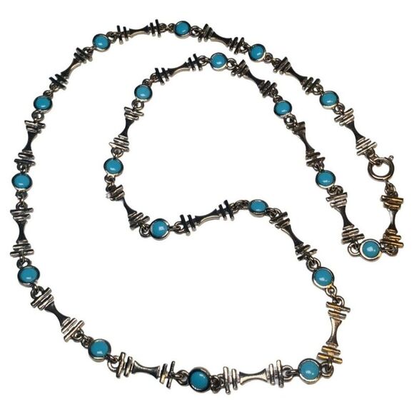 Blue Turquoise Silver Tone Station Vintage Bohemian Minimalist Necklace 27” - Picture 10 of 13